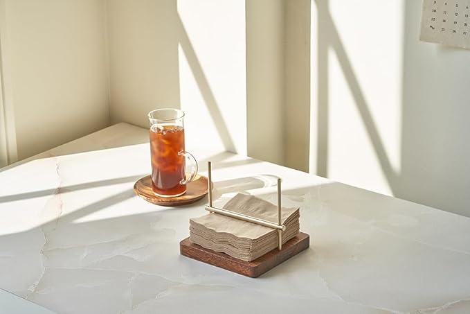 Handmade Brass Napkin Holder, Wood Square Tabletop Napkin Dispenser with Brass Holder for Home, Kitchen, Office, Restaurant, Hotel, Cafe, Outdoor, Perfect Warming Gift