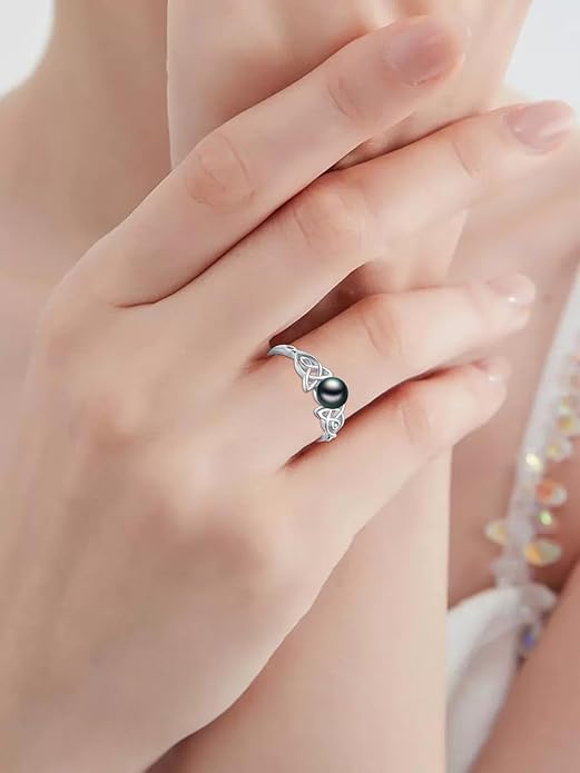 Tahitian Black Pearl AAAA 18K White Gold Plated Sterling Silver Rings for Women Wife Mom Girlfriend Valentine Her Jewelry Gift for Christmas Wedding Anniversary Birthday Graduation