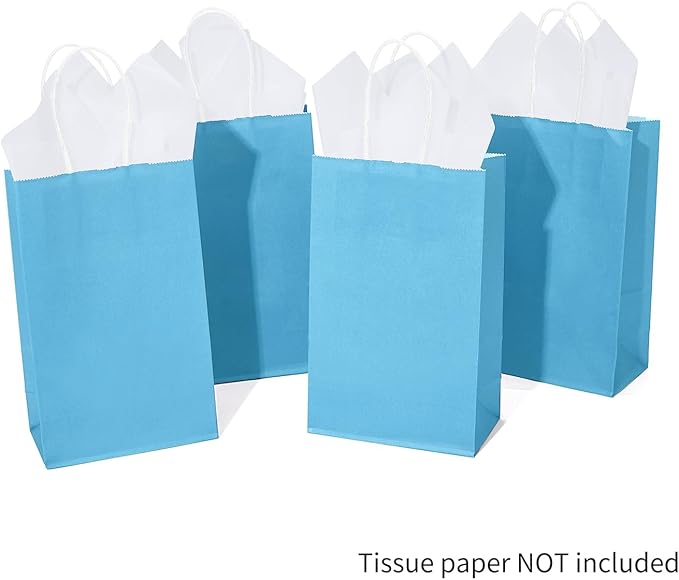 DjinnGlory 100 Pack Small Sized Blue Paper Bags with Handles Bulk for Merchandises, Christmas Gifts, Baby Blue Party Goodie Bags for Birthdays, Baby Showers, Weddings, 9x5.5x3.15 Inch