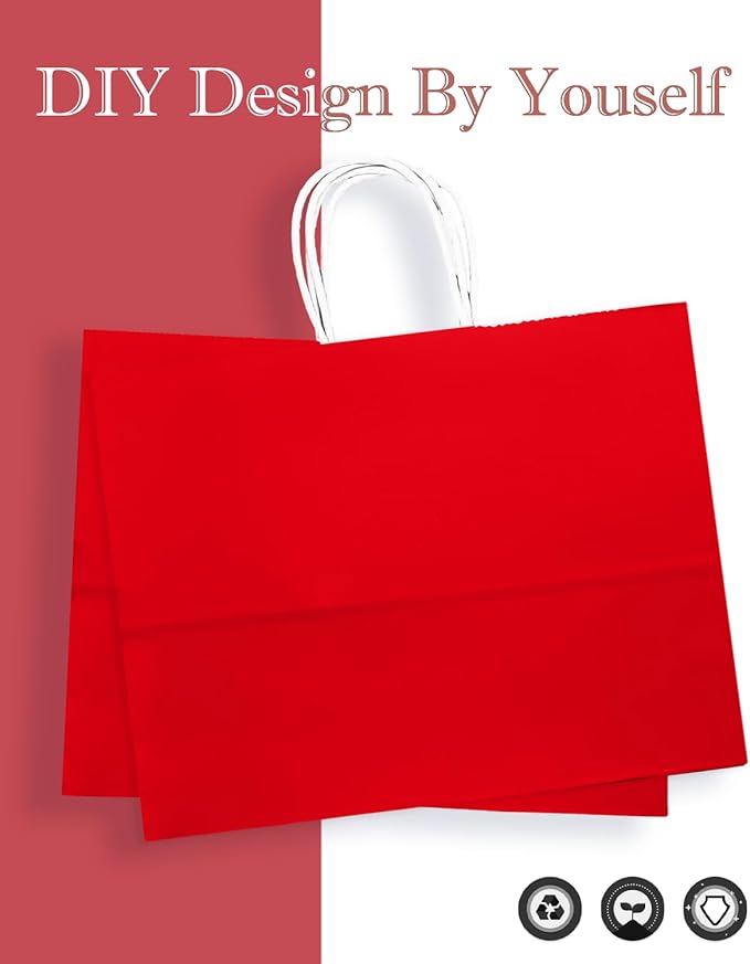 qiqee 100PCS Large Gift Bag with Handles Bulk 13"x4.5"x10" Gift Bags Red Multiple Uses (32x11x25cm,Wide Large)