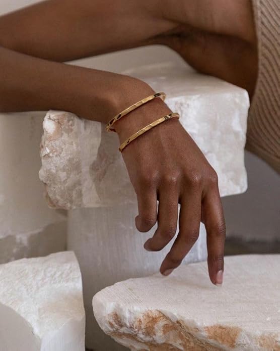 PERNNLA PEARL Dainty Gold Bar Bracelet for Women Simple Delicate Thin Cuff Bangle Hook Bracelet 18K Gold Plated Handmade Minimalist Jewelry