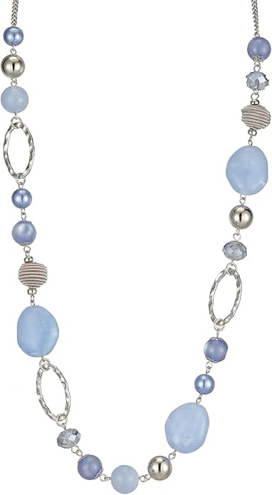 BULINLIN Beaded Long Necklace for Women Silver Sweater Chain Necklace with Crystal Resin Beads, Fashion Jewelry Necklace