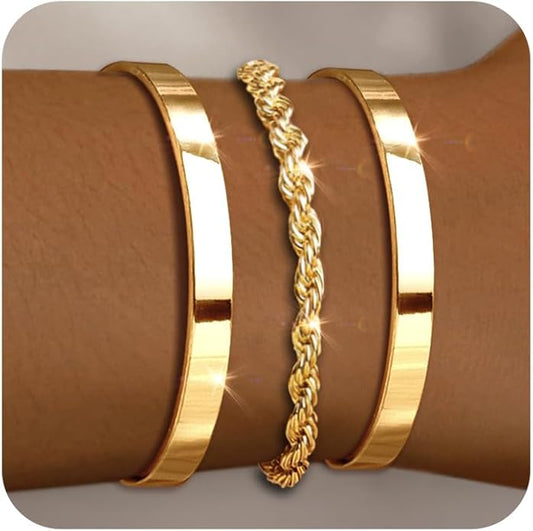 Gold Bracelets for Women 18k Gold Plated Bracelet Stack Bangle Cuff Bracelet Set for Women Non Tarnish Beaded/Paperclip/Cuban Link Chain Bracelets Jewelry for Women Trendy