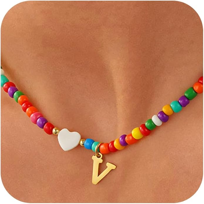 Valentines Day Gifts for Kids Women Girls - Colorful Beaded Initial Necklace Teen Girls Trendy Stuff Dainty Letter A-Z Choker Necklace Valentines Day Gifts for Her Mom Jewelry