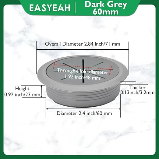2 Pcs Desk Grommet 2-3/8" / 60 mm, Desk Hole Cover for Cables Dark Grey, Cable Grommet ABS Plastic, Desk Hole Grommet for Home & Office Pc, Detachable Cable Cord Organizer