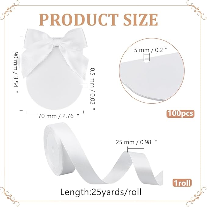 WADORN 100 Pack Wedding Place Cards with Bow Ribbon, DIY Wedding Placecards Sets with 3.5x2.7 Inch Blank Writable Arch Name Table Cards and 25 Yards Ribbon for Weddings Thank You Party Supplies
