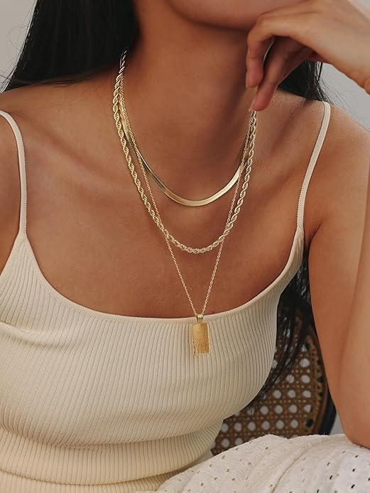 Evabelle Gold Layered Necklace for Women Trendy Jewelry 14K Real Gold Plated Chunky Chain Stackable Necklaces Dainty Choker Necklaces Rectangle Square Pendant