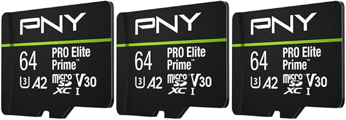 PNY 64GB PRO Elite Prime C10 U3 V30 A2 microSDXC Flash Memory Card – Ultra-Fast Speeds, Read 200MB/s, Write 110MB/s, 4K UHD, Full HD, UHS-I, for Smartphones, Drones, Action Cameras, 3-Pack