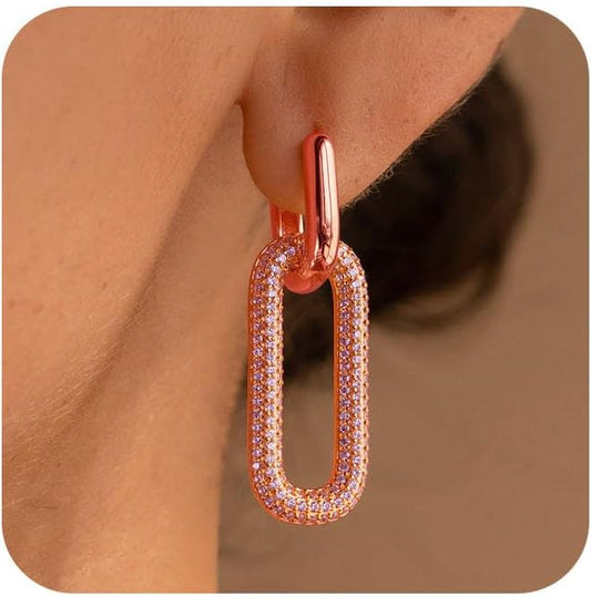 Gold Earrings for Women Trendy, Simple Dainty 14K Gold Plated Paperclip Square Chain Link Dangle Hoops Earrings Pin Stud Huggie Earrings Lightweight Hypoallergenic Minimalist Aesthetic Gold Jewelry for Christmas Gifts