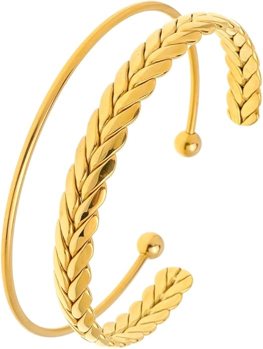 Dainty Gold Cuff Bracelets Set for Women, Non Tarnish Statement Wide Bangle Adjustable Wheat Braided Twisted Open Bracelet Beach Wedding Fashion Jewelry Gifts.