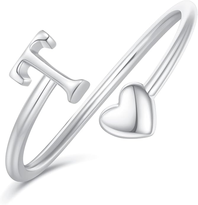 Initial Rings for Women Girls - Valentines Day Gifts for Her, Adjustable Rings for Women Non Tarnish Letter A-Z Dainty Heart Ring Teen Girls Gifts Trendy Stuff Personalized Jewelry Gift