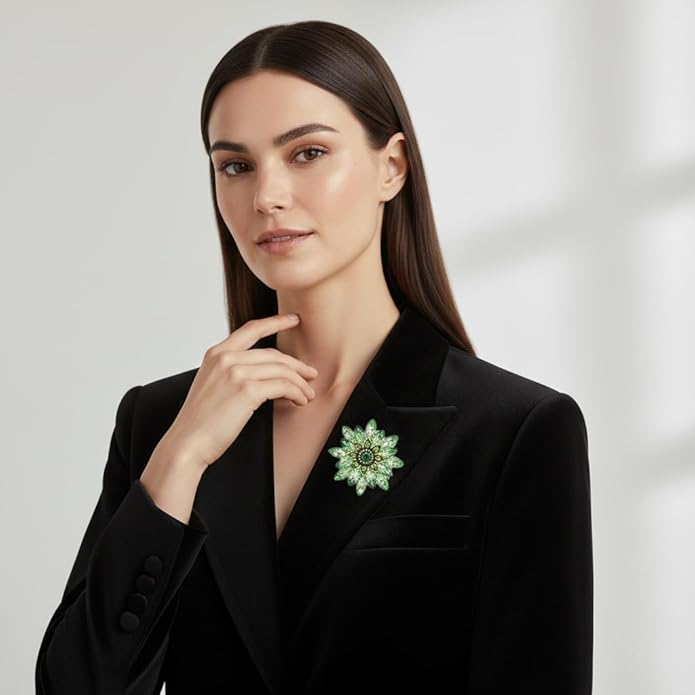 Large Crystal Flower Brooch Pin for Women, Green Rhinestone Floral Lapel Jewelry for Dress Suit Hat Bag, Elegant Dance Party Banquet Accessory, Unique Anniversary Birthday Present