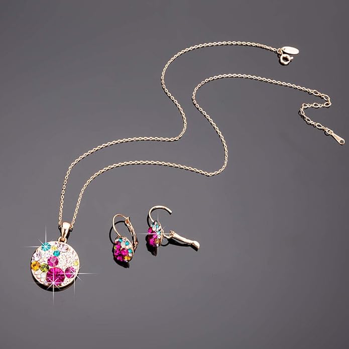 EVEVIC Austrian Crystals Round Disc Pendant Necklace Earrings for Women 14K Gold Plated Hypoallergenic Jewelry Sets