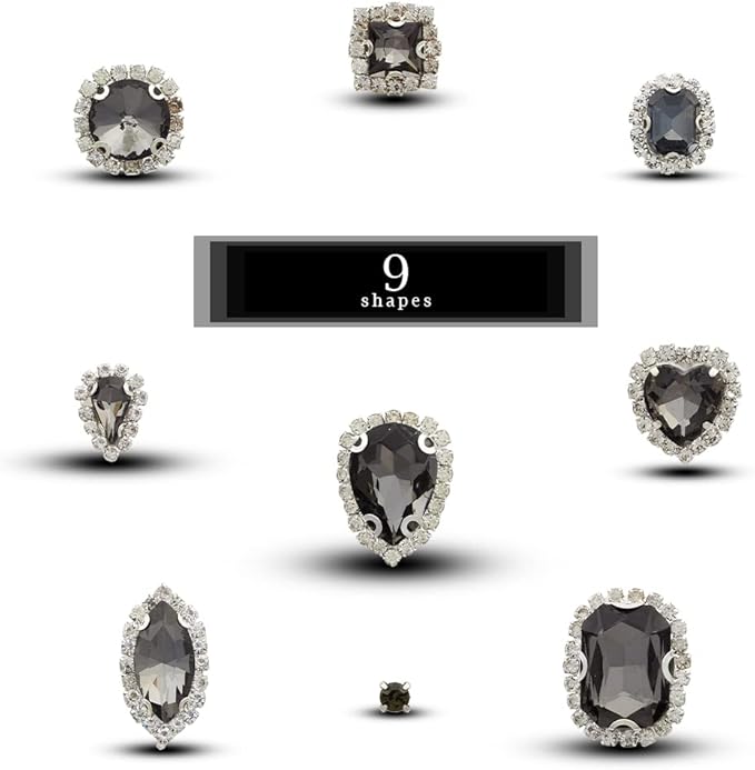 TANOSII Sew on Rhinestones 100 PCS Mixed Shapes Glass Rhinestones Sew on Crystal Gems Mental Flatback with Silver Claw for Jewelry Crafts Clothes Shoes Costume Garment Gray Type 1