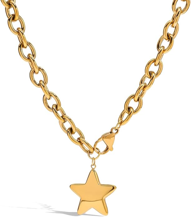 Large Star Necklace Chunky Gold Necklace for Women Trendy Silver Big Statement Necklaces Bold Thick Paperclip Necklaces OT Toggle Chunky Jewelry Holiday Christmas Jewelry Gifts Stocking Stuffers