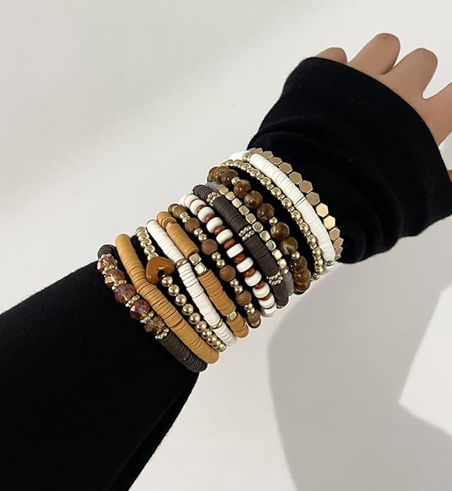 iF YOU 13pcs Heishi Clay Beaded Stretch Bracelets for Women, Boho Gold Surfer Stackable Bracelet Stacks White Brown Black Beach Jewelry