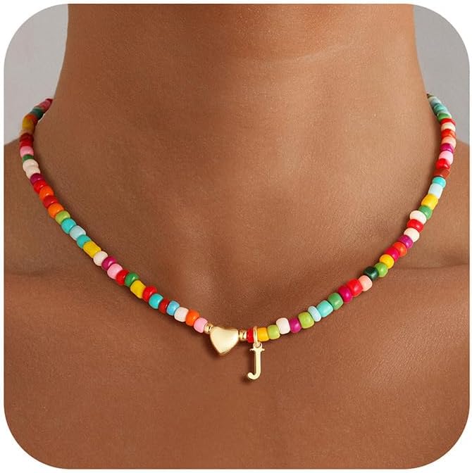 M MOOHAM Valentines Gifts for Kids Teen Girls- Colorful Beaded Initial Necklace for Women 14K Gold Plated Heart Initial Choker Necklaces for Women Girls Jewelry, Letter A-Z Pendant Birthday Gifts