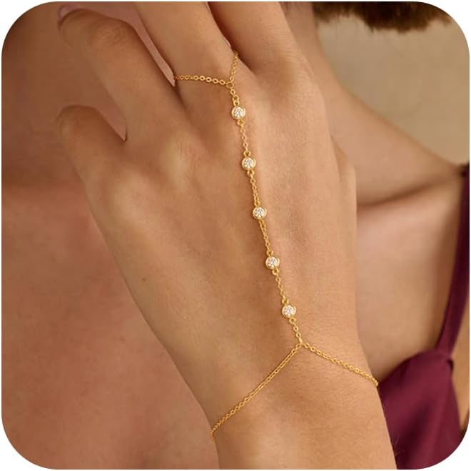 Valentine Gift 14K Gold Plated Hand Chain Bracelet for Women Trendy, 2 Pcs Stackable Gold/Silver Finger Ring Bracelet Hand Chain Dainty Non Tarnish Waterproof Set Jewelry Adjustable 7'+2
