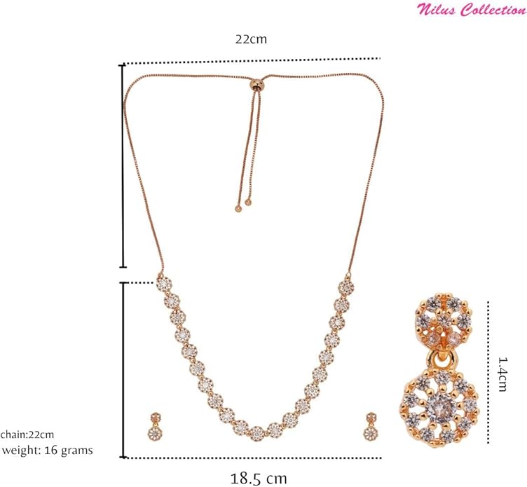 Nilu's Collection American Diamond Stone Studded | Rose Gold/Silver Plated | Anti Tarnish Jewellery Set for Women | Matching Earrings Perfect for Weddings and Special Occasions