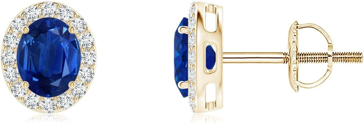 ANGARA Natural Blue Sapphire Earrings for Women | Prong-Set Oval Blue Sapphire Stud Earrings with Diamond Halo in 14K Solid Gold/Platinum | September Birthday, Anniversary, Gemstone Jewellery Gift