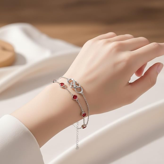 Prismata Infinity Birthstone Charm Link Bracelet 925 Sterling Silver Adjustable 12 Months Birthstone Infinity Bracelet Birthday Jewelry Gifts for Women Mom Her,with 7"+2" chain