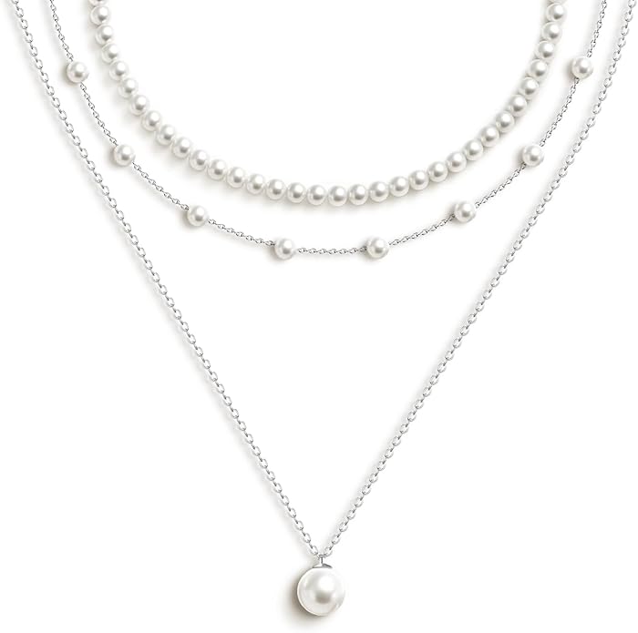 Zeffy Gold Pearl Necklace for Women, Dainty 14K Gold/Silve Plated Layered Pearl Choker Pearl Earrings Pearl Bracelets Wedding Trendy Gold Jewelry Set for Women Gifts
