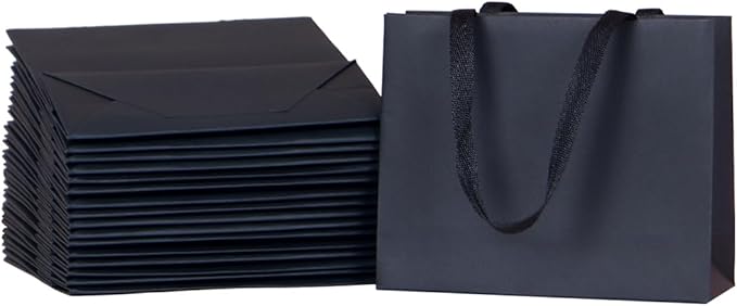 16pcs 6.3x2.4x5.1" (1) Small Size, Black Paper Bags with Black Cotton Handles, Thick Sturdy Durable Gift bags
