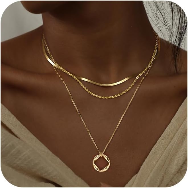 Evabelle Gold Layered Necklace for Women Trendy Jewelry 14K Real Gold Plated Chunky Chain Stackable Necklaces Dainty Choker Necklaces Rectangle Square Pendant