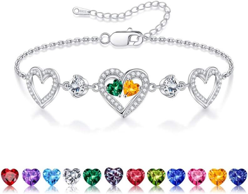 Iefil Valentines Day Gifts for Her - 925 Sterling Silver Heart Birthstone Bracelet Birthday Anniversary Jewelry Gifts for Her Wife