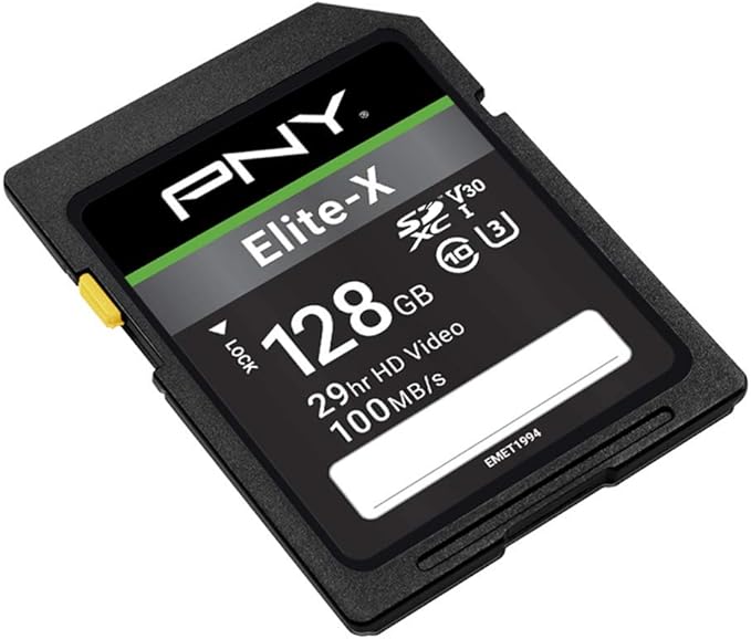 PNY 128GB Elite-X Class 10 U3 V30 SDXC Flash Memory Card - 100MB/s, Class 10, U3, V30, 4K UHD, Full HD, UHS-I, Full Size SD (Pack of 1)