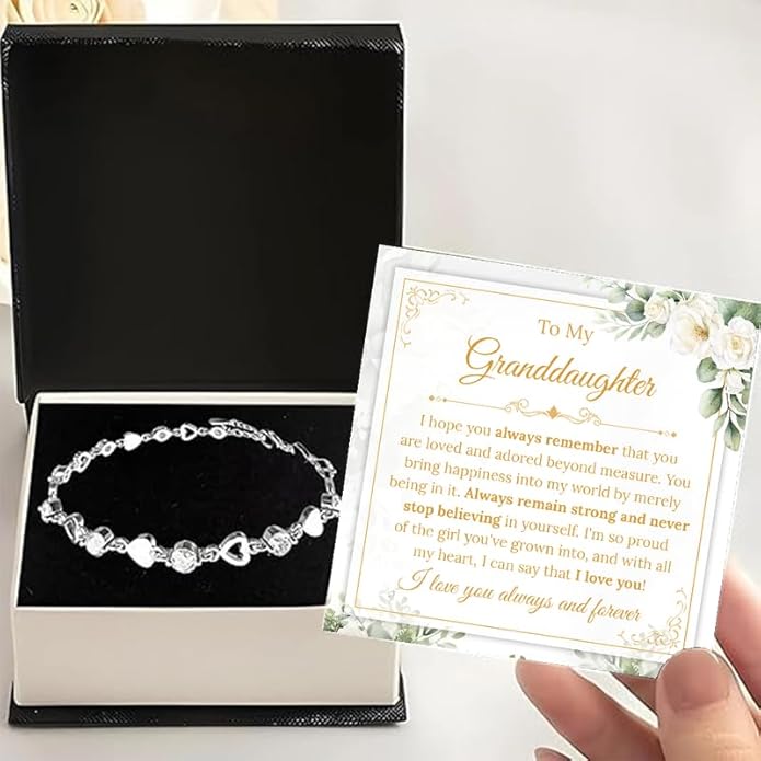 To My Granddaughter Bracelet from Grandma and Grandpa, Heart Chain Bracelet with Shiny Stones, Perfect Birthday or Graduation Christmas Gift for Granddaughter with Message Card and Gift Box