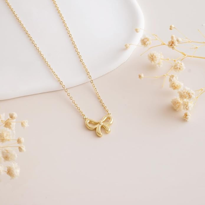 Valentines Day Gifts for Her - Dainty Bow Necklace for Women 14K Gold Plated Cute Choker Small Pendant Charm Necklaces Teen Gift Trendy Stuff Personalized Jewelry