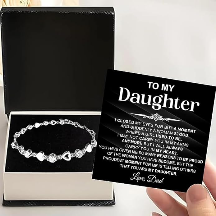 To My Daughter Bracelet, Silver Heart Chain Bracelet with Shiny Stones, Perfect Birthday or Graduation Christmas Gift for Daughter with Message Card Gift Box
