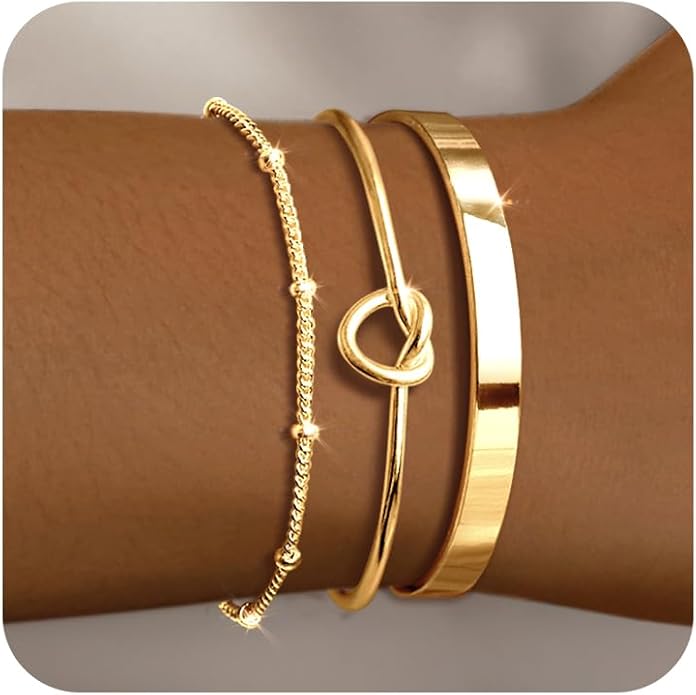Gold Bracelets for Women 18k Gold Plated Bracelet Stack Bangle Cuff Bracelet Set for Women Non Tarnish Beaded/Paperclip/Cuban Link Chain Bracelets Jewelry for Women Trendy