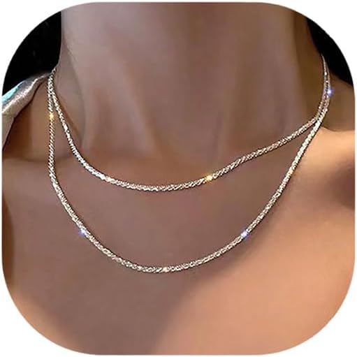 Gold Layered Necklaces for Women, 14K Gold Plated Dainty Gold Chain Choker Necklace Stack, Herringbone Gold Necklaces Set