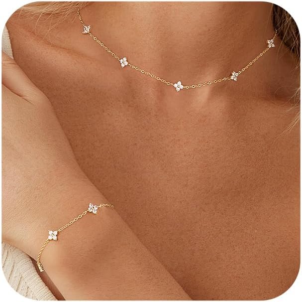 Yougeigy Gold Jewelry Set for Women, Dainty Necklaces 14k Gold Plated Prom Lariat Necklace Trendy Stuff Fashion Cubic Zirconia Simulated Diamond Gold Bracelets, Choker Necklace Jewelry Gifts
