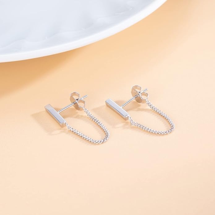 Reffeer Solid 925 Sterling Silver Stud Earrings Minimalist Bar Earrings with Chain Dangle Earrings For Women