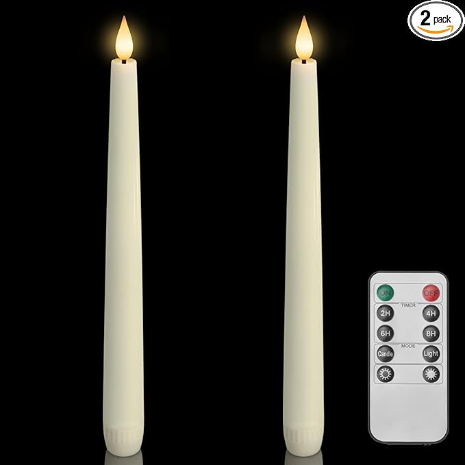 Homemory Waxy Flameless Taper Candles (2 PCs) with Remote, LED Flickering Classic Tall Candles - Ivory, 9.6 inches, Ideal for Home, Wedding, Party