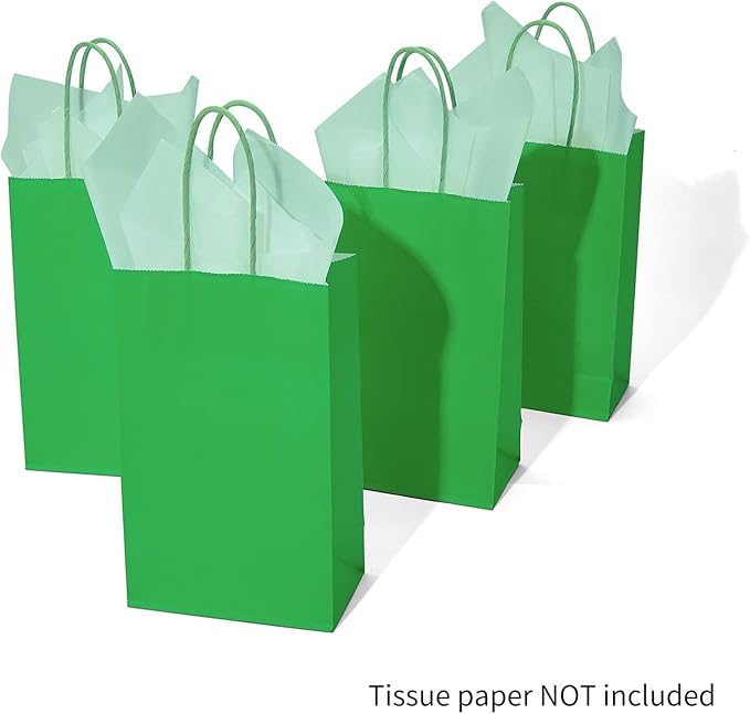 DjinnGlory 100 Pack Small-Sized 9''x5.5''x3.15'' Green Paper Gift Bags with Handles Bulk for Boutiques, Party Favors Goodies, Christmas, St. Patrick's Holiday (Solid Green)