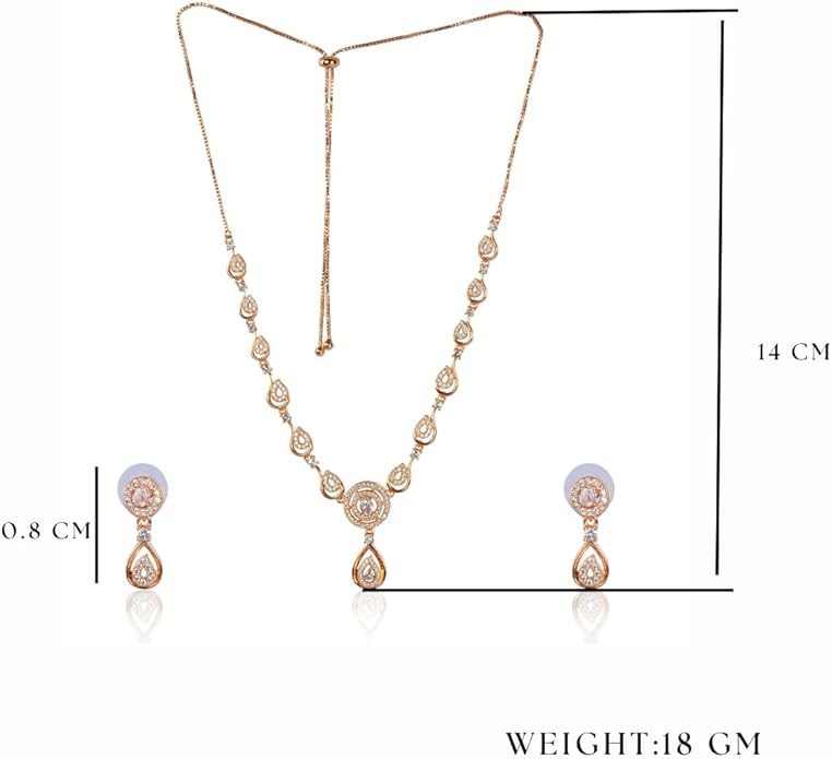 Nilu's Collection American Diamond Stone Studded | Rose Gold/Silver Plated | Anti Tarnish Jewellery Set for Women | Matching Earrings Perfect for Weddings and Special Occasions