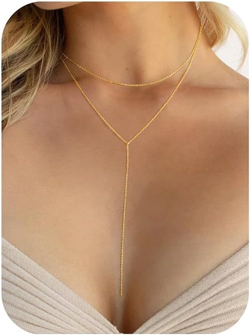 Yoosteel Long 14K-Gold-Plated Necklace for Women - Valentines Gifts Dainty Y-Shaped Necklaces Lariat Drop Chain Simple Jewelry Trendy Gift for Women