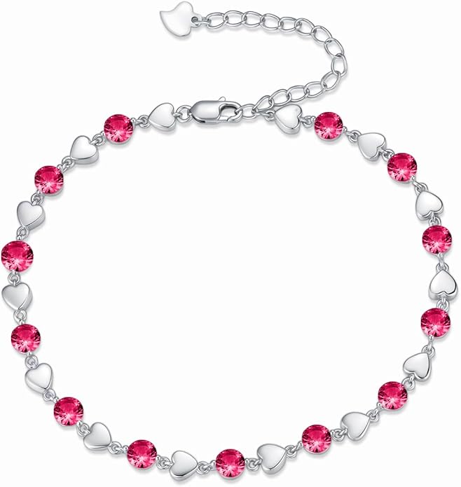 Birthstone Charm Link Bracelet 925 Sterling Silver Rose/Heart/Mom Bracelet with 12 Months Birthstone Mother's Day Gift Jewelry Gifts for Women,Chain Length 7"+2" Extend