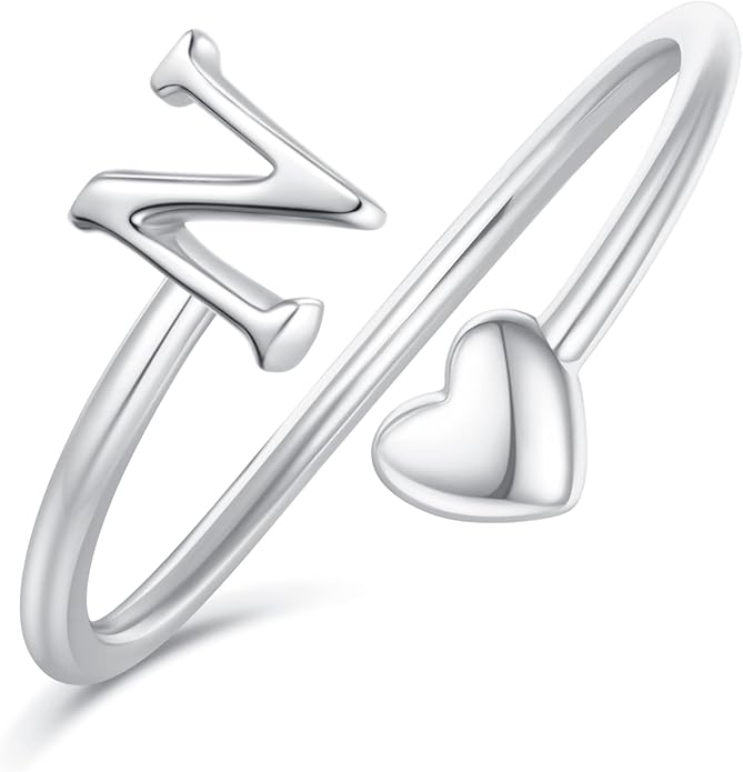 Initial Rings for Women Girls - Valentines Day Gifts for Her, Adjustable Rings for Women Non Tarnish Letter A-Z Dainty Heart Ring Teen Girls Gifts Trendy Stuff Personalized Jewelry Gift