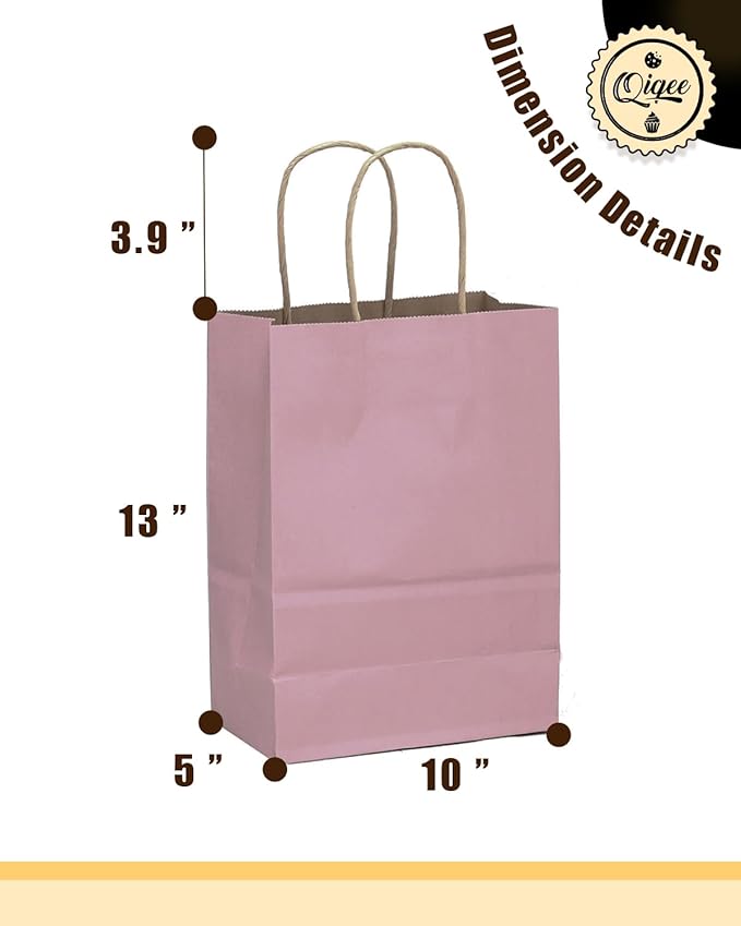 qiqee Large Kraft Paper Bags with Handles 13"x10"x5" 32 pcs Gift Paper Bag Pink Solid Color Bags（Large Size）