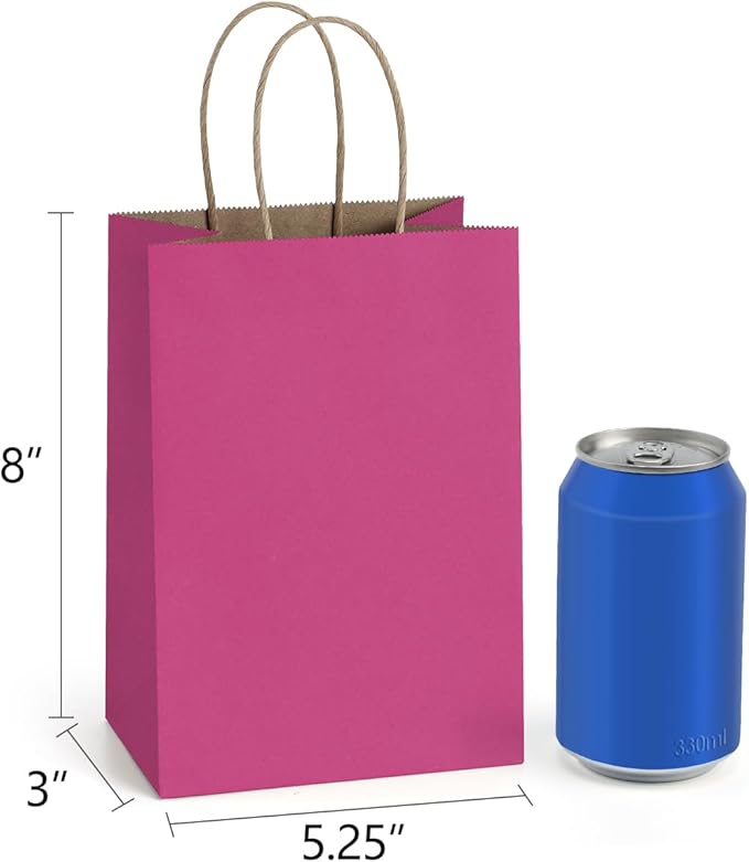 BagDream Kraft Paper Bags 100Pcs 5.25x3x8 Inches Small Paper Gift Bags with Handles Bulk, for Shopping, Retail, Business, Party Favor, Pink Gift Sacks