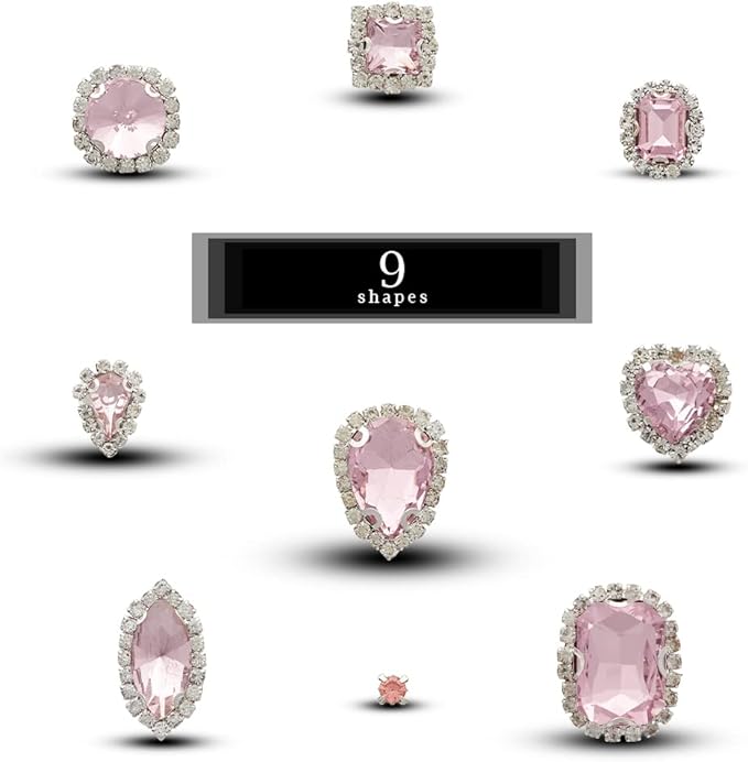 TANOSII Sew on Rhinestones 100 PCS Mixed Shapes Glass Rhinestones Sew on Crystal Gems Mental Flatback with Silver Claw for Jewelry Crafts Clothes Shoes Costume Garment Pink Type 1
