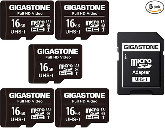 GIGASTONE 16GB 5-Pack Micro SD Card, FHD Video, Surveillance Security Cam Action Camera Drone, 85MB/s Micro SDHC UHS-I U1 Class 10, with Adapters
