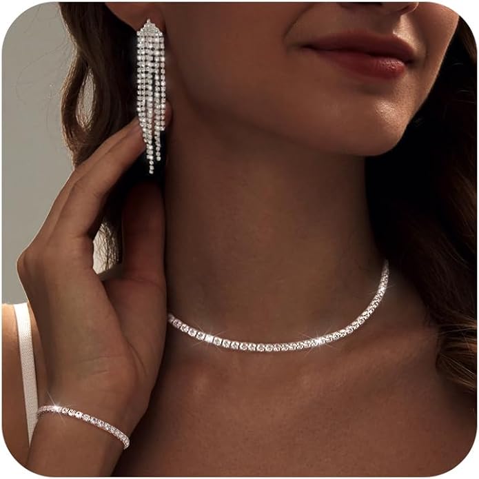 Tennis Necklace Bracelet for Women, Dainty Sterling Sliver Choker Necklace Crystal Link Bracelet Stud Earrings for Women Wedding Jewelry for Bride Jewelry Set Accessories