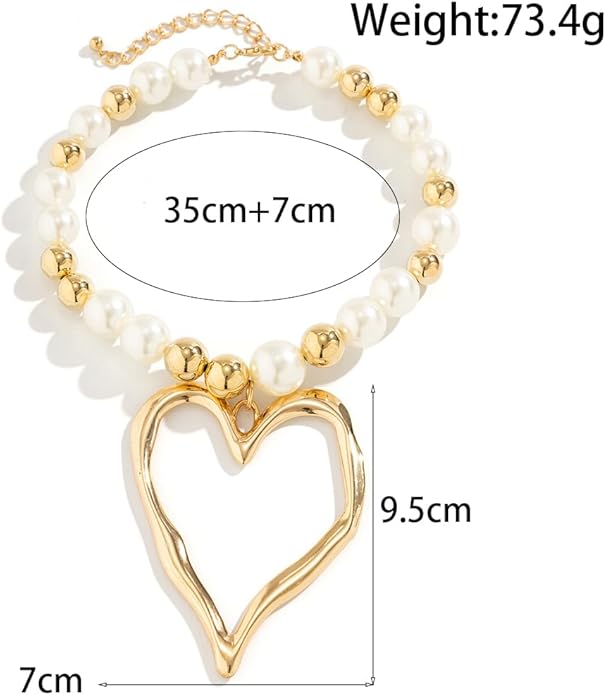Exaggerated Heart Pendant Pearl Necklace,Charming Plated Gold Chunky Love Ball Statement Choker,Sweet Heart Beaded Collar Necklace for Women