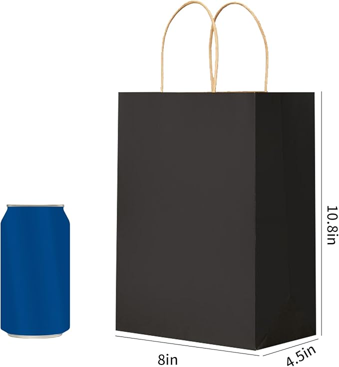 METAPRINT 100 Pcs Paper Gift Bags 8x4.5x10.8 Inch Black Kraft Bag with Handles Bulk for Birthday Wedding Party Favor Bags, Paper Shopping Bags